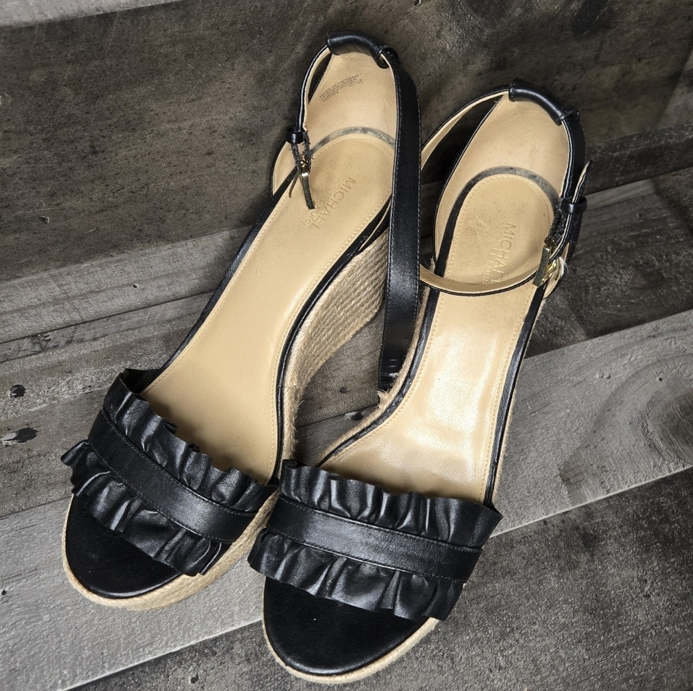 Michael Kors Black Wedge Woven Sandals - Picture 2 of 5